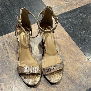 Thalia Sodi Ankle-Strap Snake-Embossed Metallic Sandal - Gold Sz 10